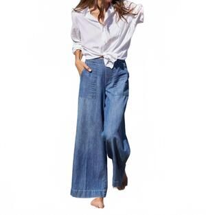 NEW FRANK & EILEEN patch pocket pull-on pant in distressed indigo washed denim